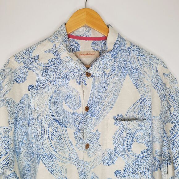 TOMMY BAHAMA Off-White Blue Button Up Size XL Paisley Print Embossed Silk - Picture 5 of 12